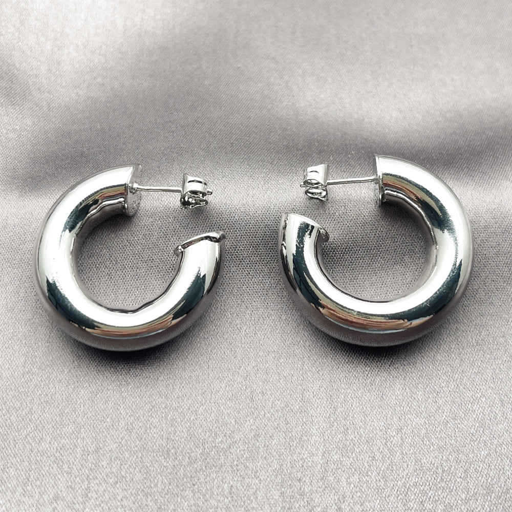 White Gold Filled Medium Hoop, Hollow Design, Polished, Rhodium Finish