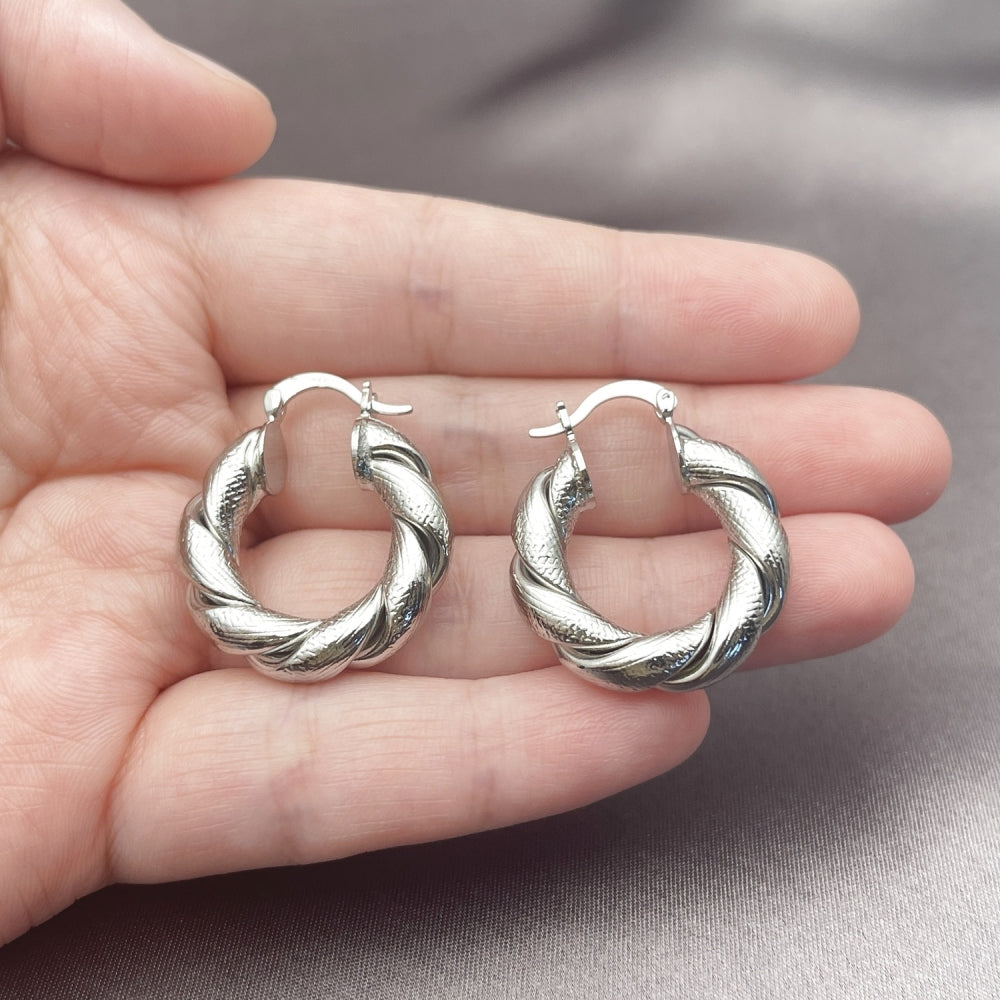 White Gold Filled Medium Hoop, Twist and Hollow Design, Matte Finish, Rhodium Finish