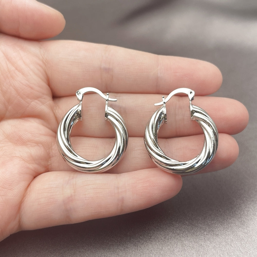 White Gold Filled Small Hoop, Twist and Hollow Design, Polished, Rhodium Finish