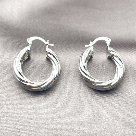 White Gold Filled Small Hoop, Twist and Hollow Design, Polished, Rhodium Finish