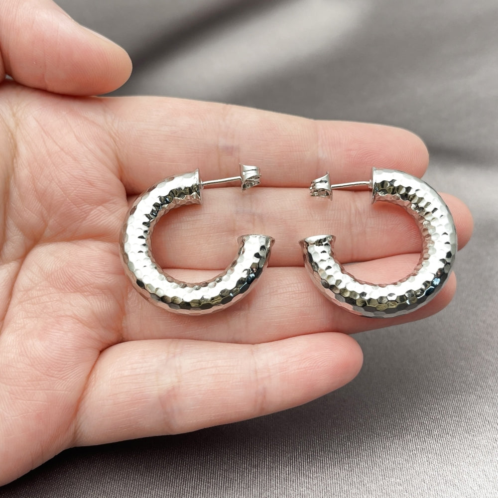 White Gold Filled Medium Hoop, Hollow Design, Diamond Cutting Finish, Rhodium Finish