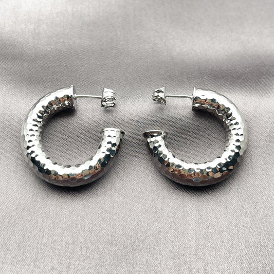 Rhodium Gold Filled Medium Hoop, Hollow Design, Diamond Cutting Finish, Rhodium Finish