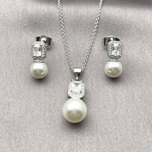 Rhodium Gold Filled Earring and Pendant Adult Set, Ball and Cluster Design, with White Cubic Zirconia and Ivory Pearl, Polished, Rhodium Finish