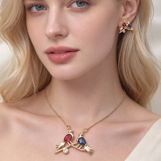 Oro Laminado Earring and Pendant Adult Set, Gold Filled Style Bird and Rolo Design, with Ruby and Sapphire Blue Cubic Zirconia, Polished, Golden Finish