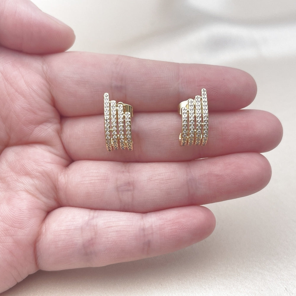 Oro Laminado Stud Earring, Gold Filled Style with White Micro Pave, Polished, Golden Finish