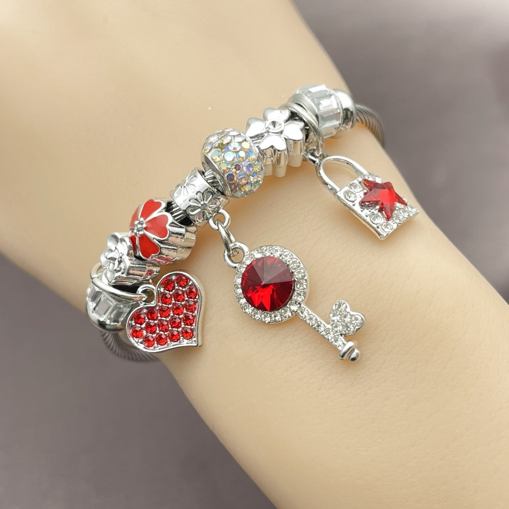 Stainless Steel Individual Bangle, key and Lock Design, with Aurore Boreale and Crystal Crystal, Red Enamel Finish, Steel Finish
