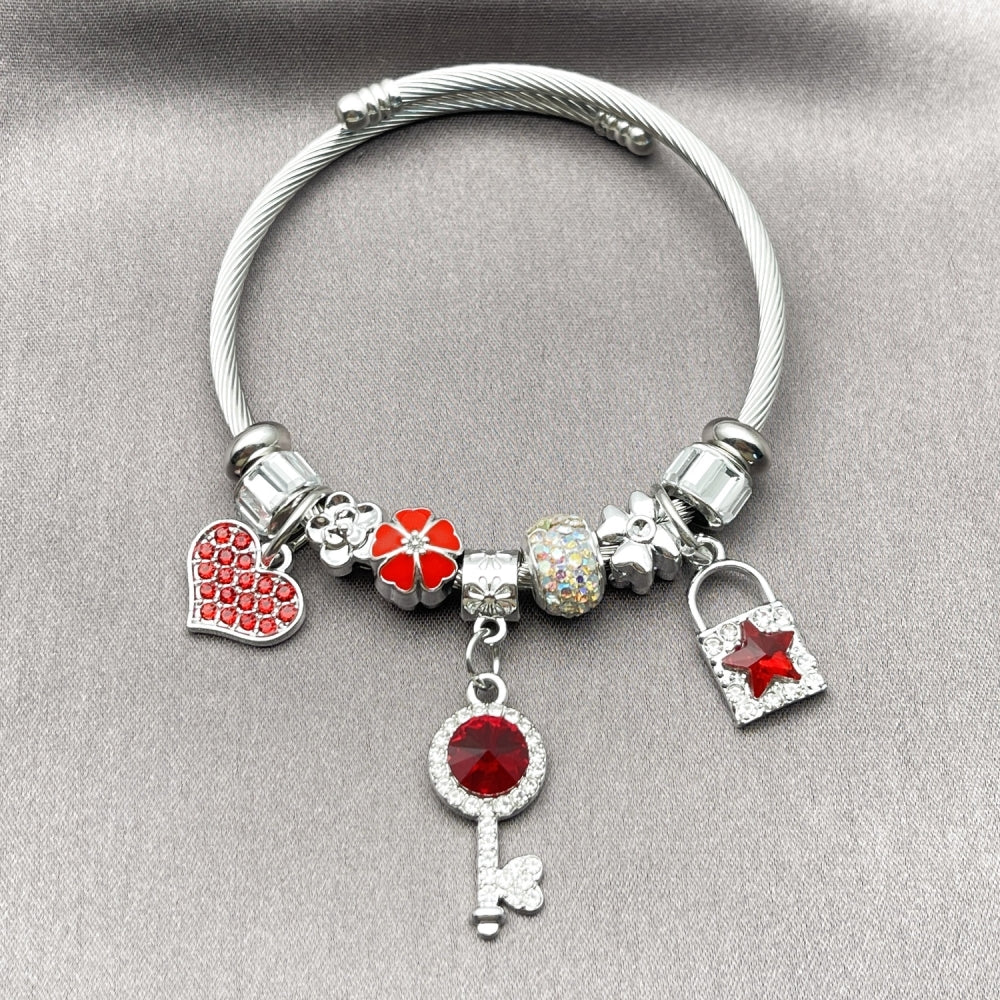 Stainless Steel Individual Bangle, key and Lock Design, with Aurore Boreale and Crystal Crystal, Red Enamel Finish, Steel Finish