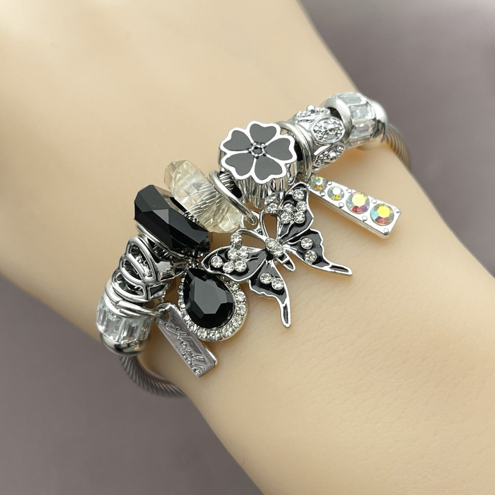 Stainless Steel Individual Bangle, Butterfly and Flower Design, with Jet and Aurore Boreale Crystal, Black Enamel Finish, Steel Finish