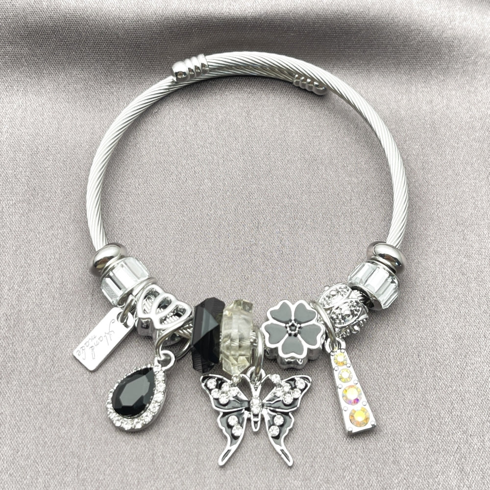 Stainless Steel Individual Bangle, Butterfly and Flower Design, with Jet and Aurore Boreale Crystal, Black Enamel Finish, Steel Finish