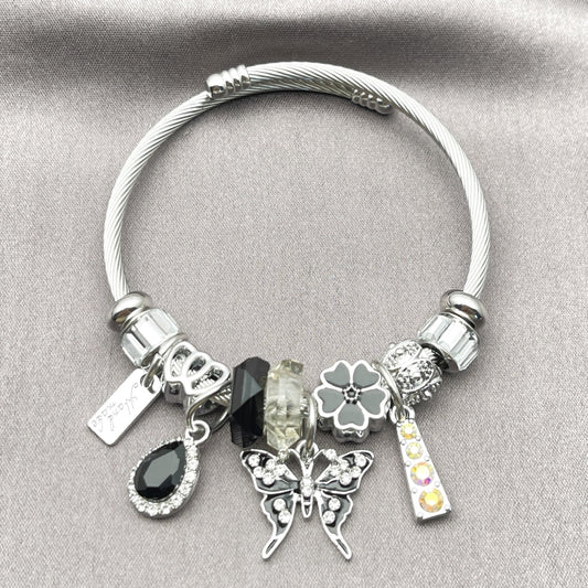 Stainless Steel Individual Bangle, Butterfly and Flower Design, with Jet and Aurore Boreale Crystal, Black Enamel Finish, Steel Finish