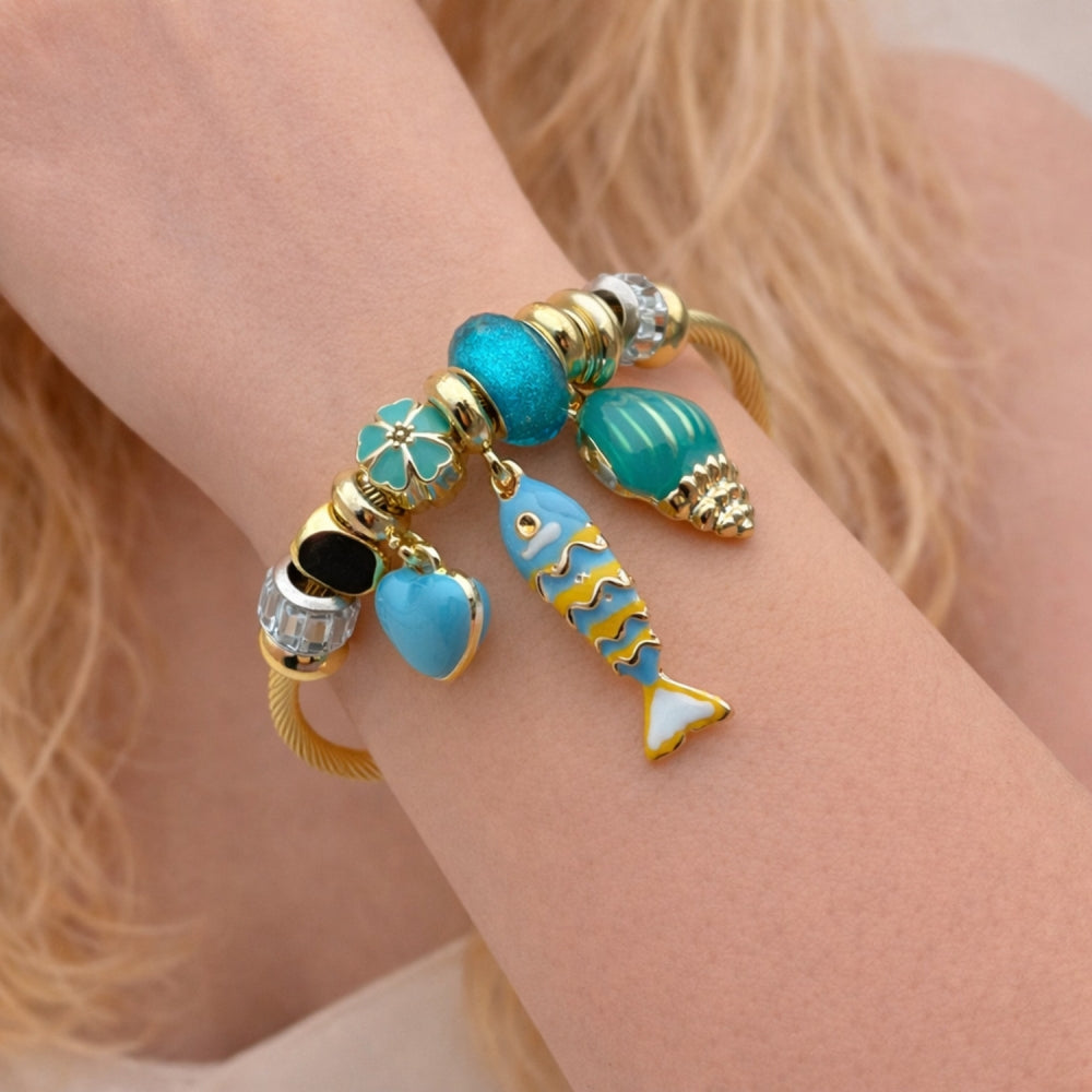 Stainless Steel Individual Bangle, Fish and Snail Design, with Light Turquoise and Crystal Crystal, Turquoise Enamel Finish, Golden Finish