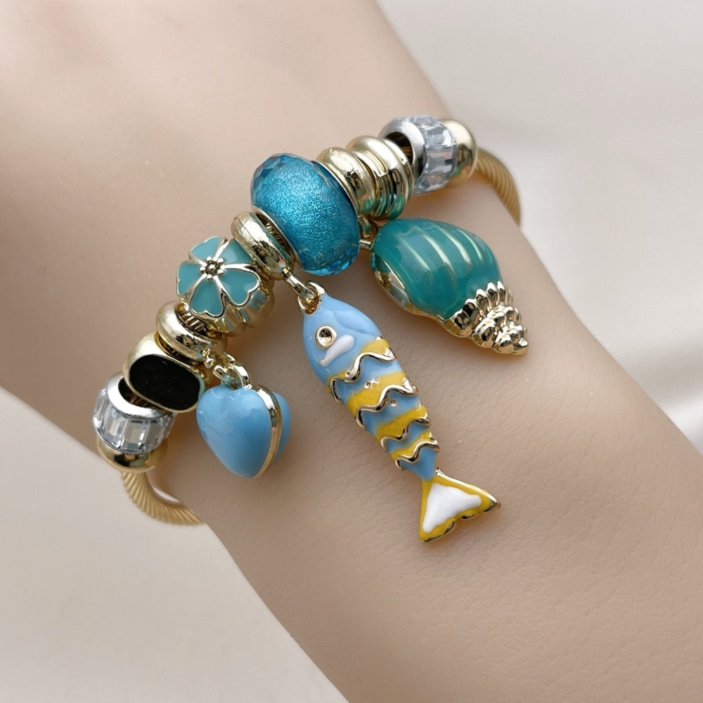 Stainless Steel Individual Bangle, Fish and Snail Design, with Light Turquoise and Crystal Crystal, Turquoise Enamel Finish, Golden Finish