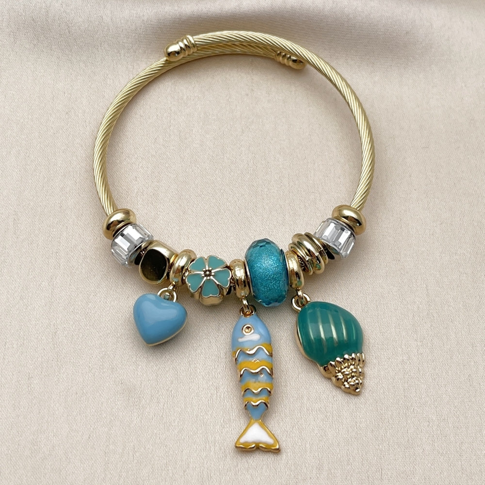 Stainless Steel Individual Bangle, Fish and Snail Design, with Light Turquoise and Crystal Crystal, Turquoise Enamel Finish, Golden Finish