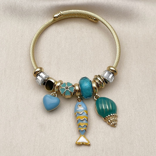 Stainless Steel Individual Bangle, Fish and Snail Design, with Light Turquoise and Crystal Crystal, Turquoise Enamel Finish, Golden Finish