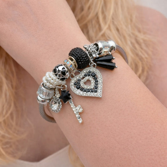 Stainless Steel Individual Bangle, Heart and key Design, with Jet and Crystal Crystal, Black Enamel Finish, Steel Finish