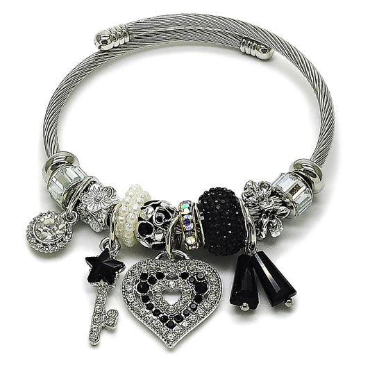 Stainless Steel Individual Bangle, Heart and key Design, with Jet and Crystal Crystal, Black Enamel Finish, Steel Finish