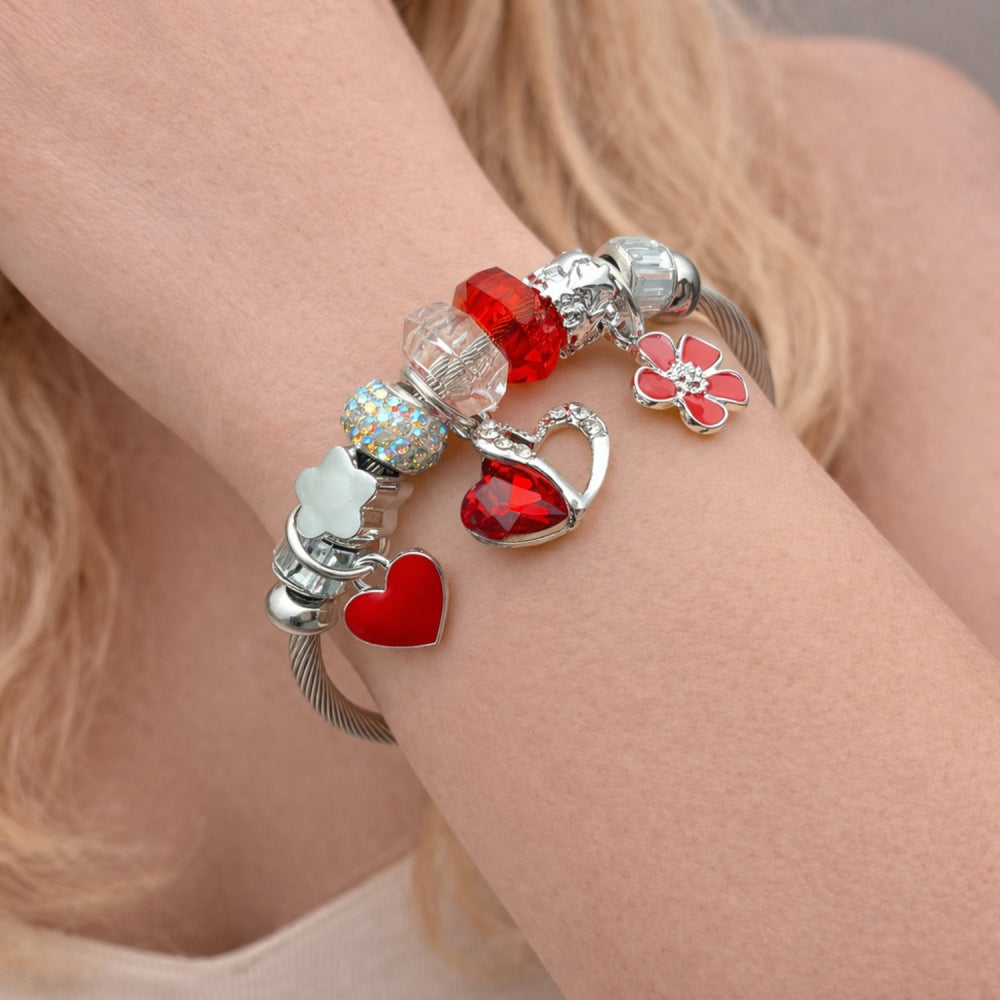 Stainless Steel Individual Bangle, Heart and Flower Design, with Light Siam and Aurore Boreale Crystal, Red Enamel Finish, Steel Finish