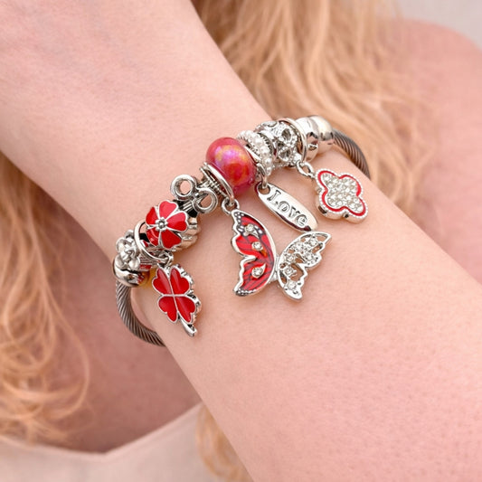 Stainless Steel Individual Bangle, Butterfly and Four-leaf Clover Design, with Crystal and Aurore Boreale Crystal, Red Enamel Finish, Steel Finish