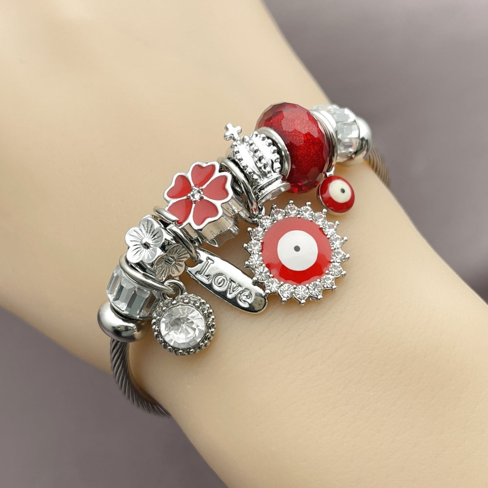Stainless Steel Individual Bangle, Evil Eye and Flower Design, with Crystal and Siam Crystal, Red Enamel Finish, Steel Finish