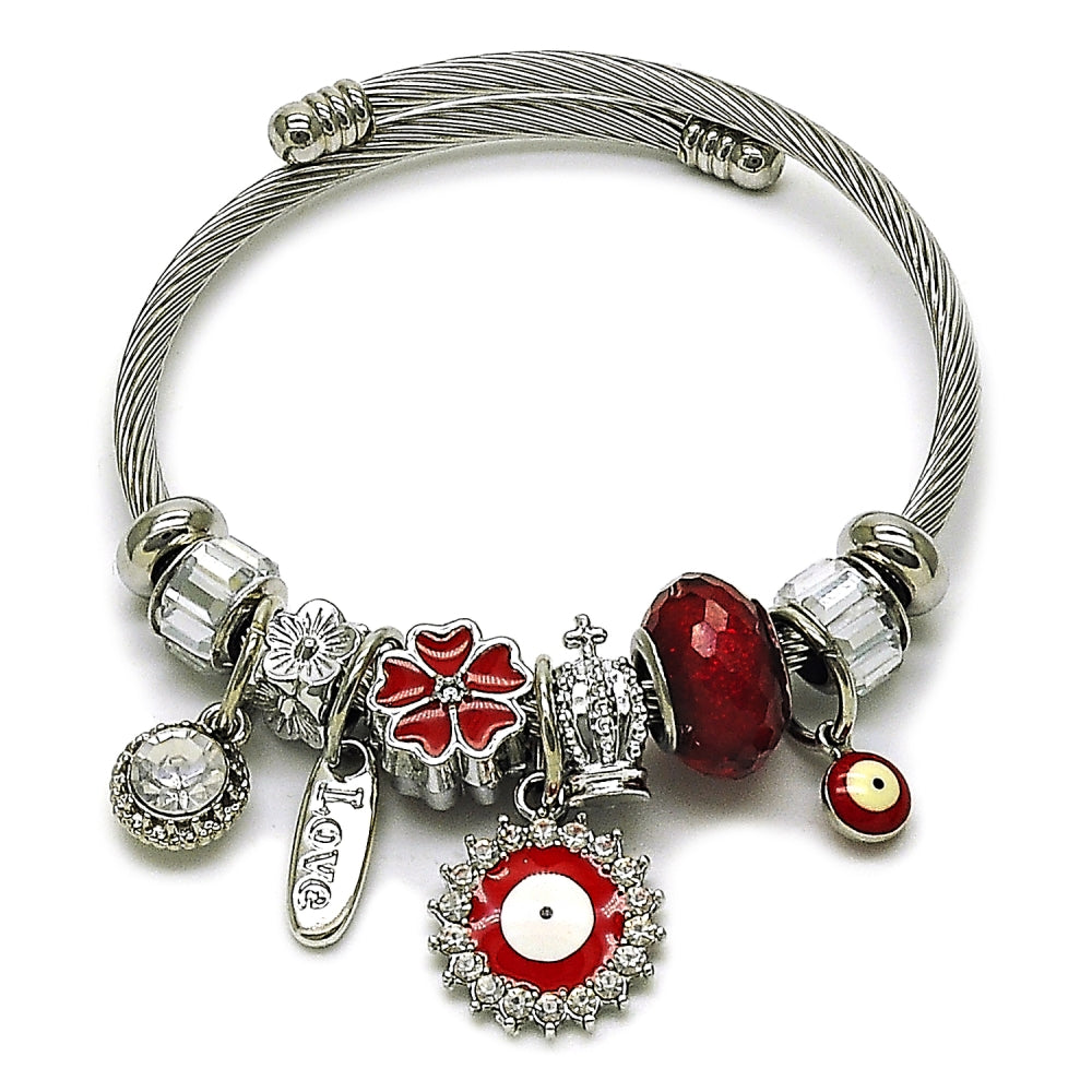 Stainless Steel Individual Bangle, Evil Eye and Flower Design, with Crystal and Siam Crystal, Red Enamel Finish, Steel Finish