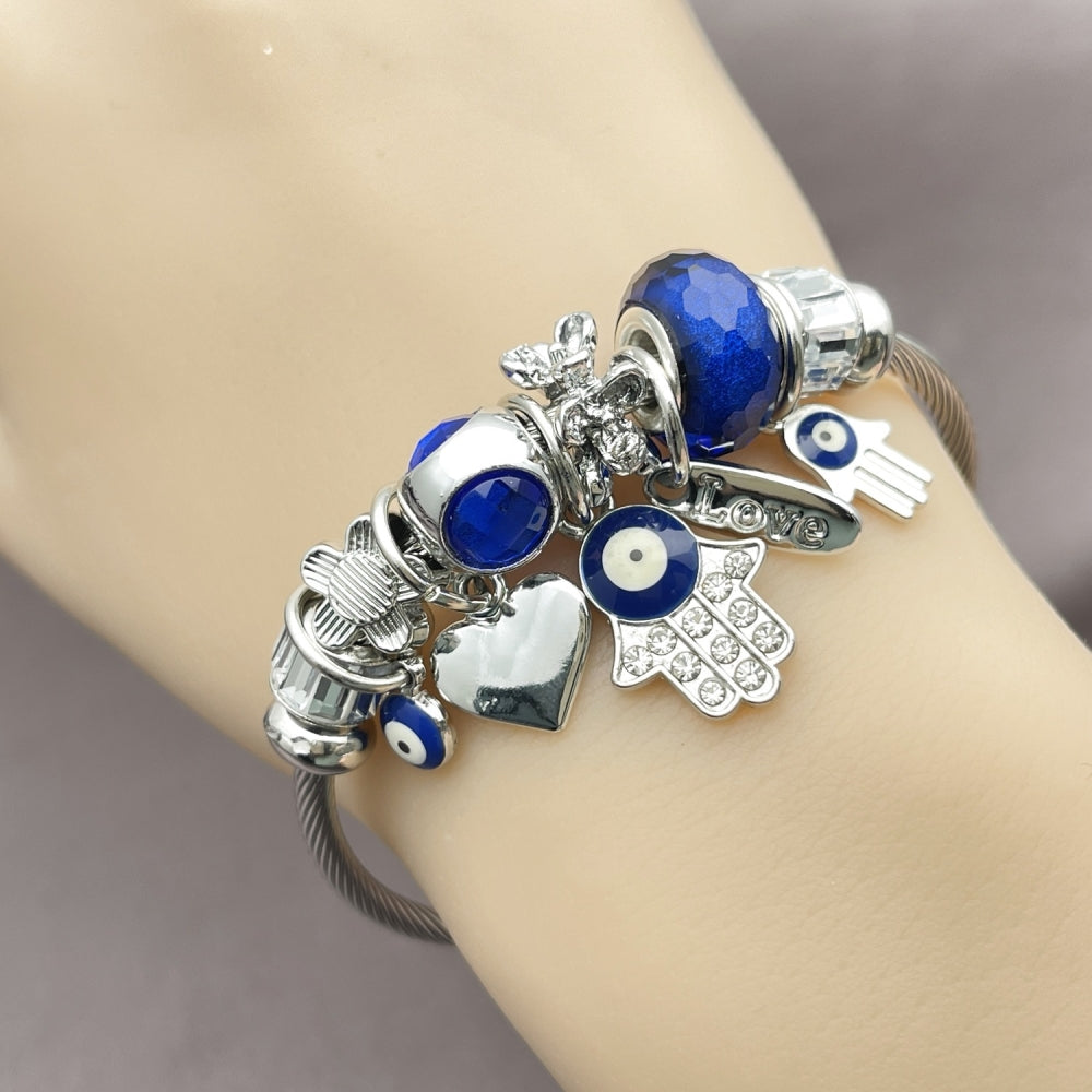 Stainless Steel Individual Bangle, Judaica and Hand of God Design, with Montana and Crystal Crystal, Blue Enamel Finish, Steel Finish