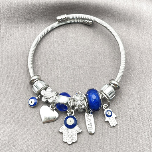 Stainless Steel Individual Bangle, Judaica and Hand of God Design, with Montana and Crystal Crystal, Blue Enamel Finish, Steel Finish