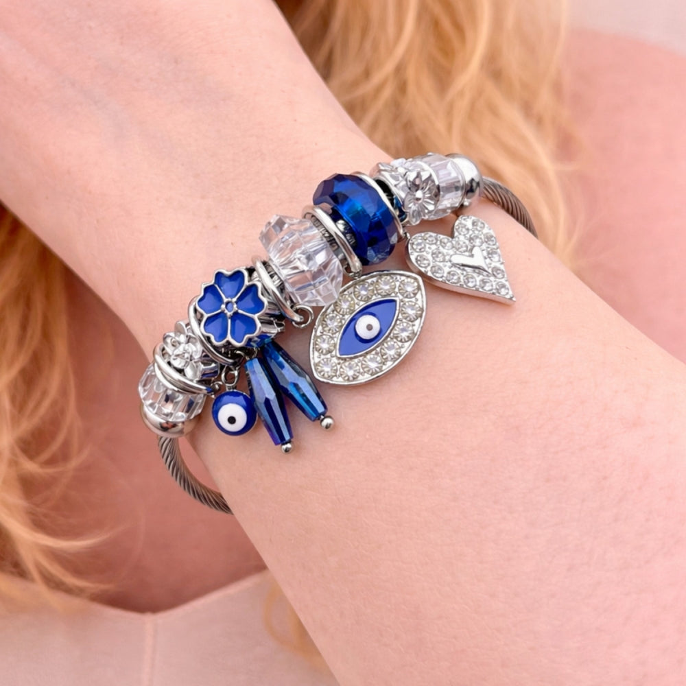Stainless Steel Individual Bangle, Evil Eye and Heart Design, with Montana and Crystal Crystal, Blue Enamel Finish, Steel Finish