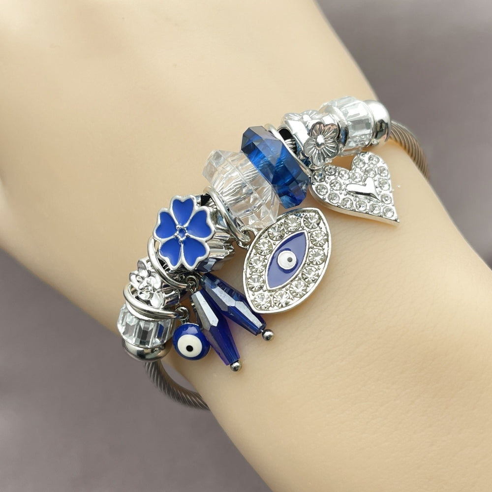 Stainless Steel Individual Bangle, Evil Eye and Heart Design, with Montana and Crystal Crystal, Blue Enamel Finish, Steel Finish