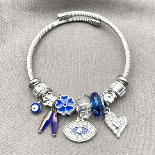 Stainless Steel Individual Bangle, Evil Eye and Heart Design, with Montana and Crystal Crystal, Blue Enamel Finish, Steel Finish
