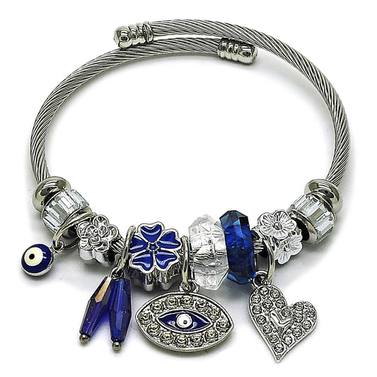 Stainless Steel Individual Bangle, Evil Eye and Heart Design, with Montana and Crystal Crystal, Blue Enamel Finish, Steel Finish