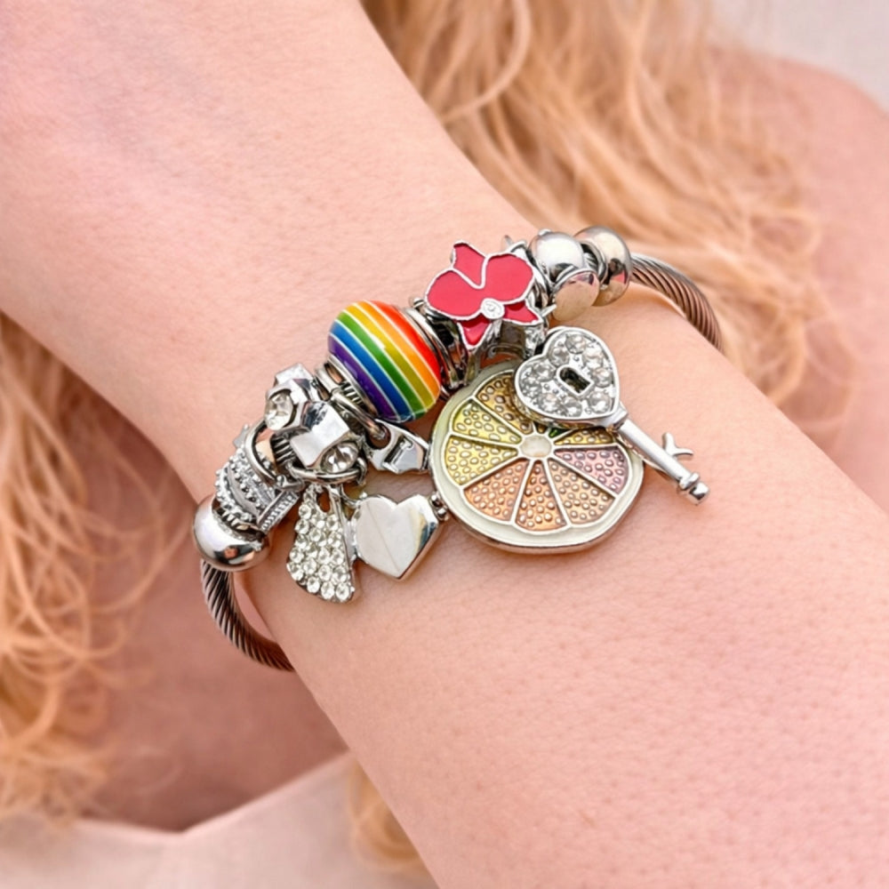 Stainless Steel Individual Bangle, key and Love Design, with Crystal Crystal, Red Enamel Finish, Steel Finish