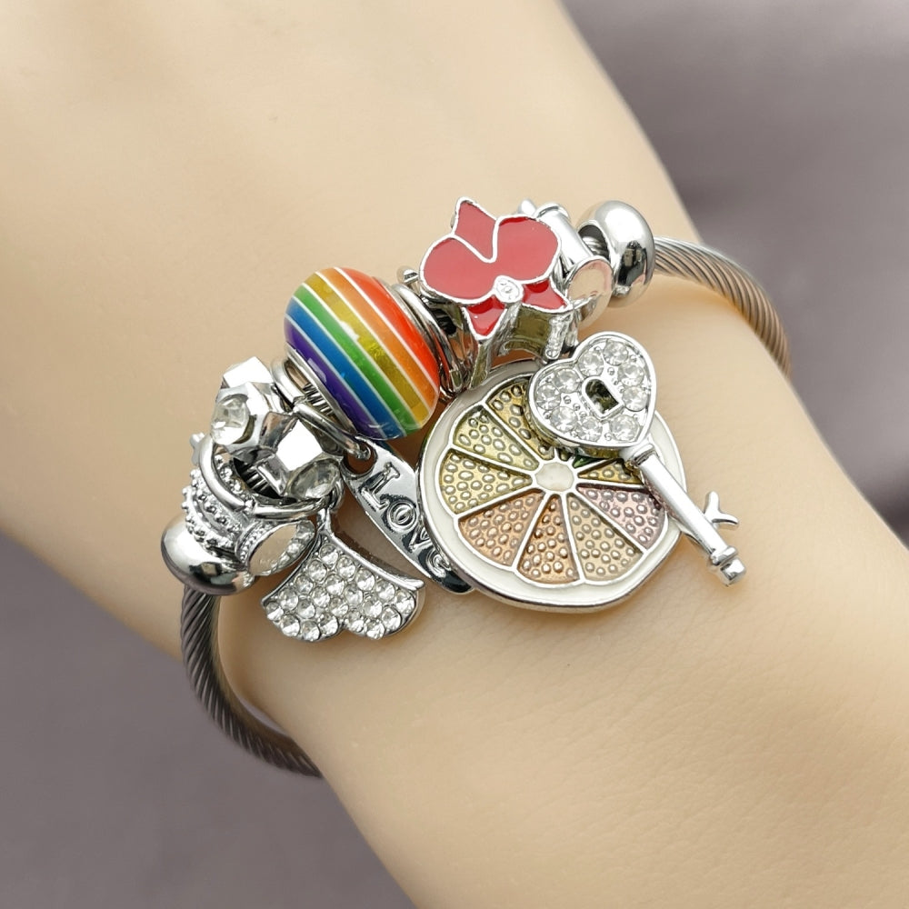 Stainless Steel Individual Bangle, key and Love Design, with Crystal Crystal, Red Enamel Finish, Steel Finish