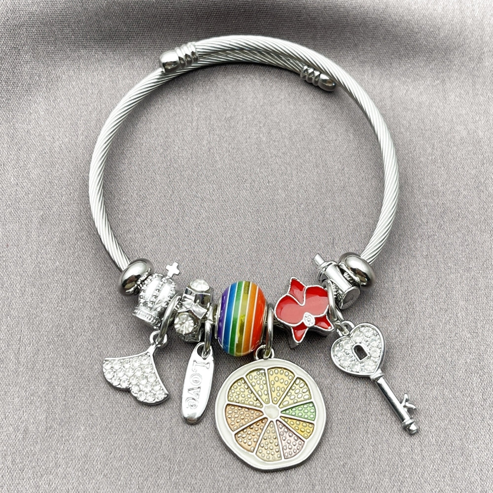 Stainless Steel Individual Bangle, key and Love Design, with Crystal Crystal, Red Enamel Finish, Steel Finish