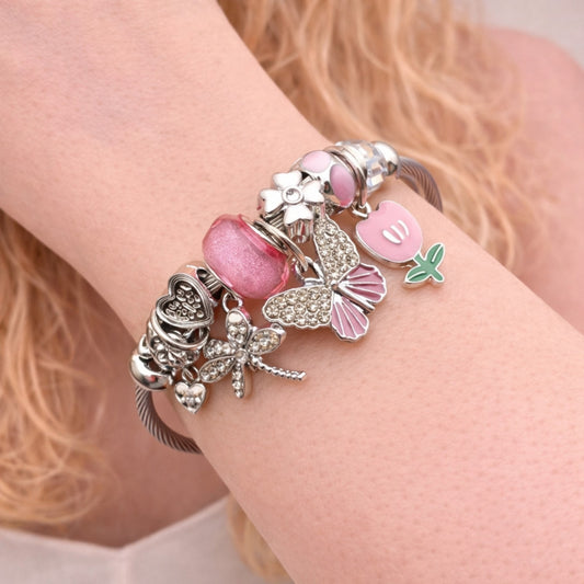 Stainless Steel Individual Bangle, Butterfly and Dragon-Fly Design, with Crystal and Light Rose Crystal, Pink Enamel Finish, Steel Finish