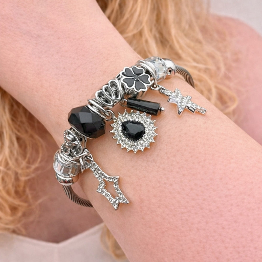 Stainless Steel Individual Bangle, Teardrop and Star Design, with Crystal and Jet Crystal, Black Enamel Finish, Steel Finish