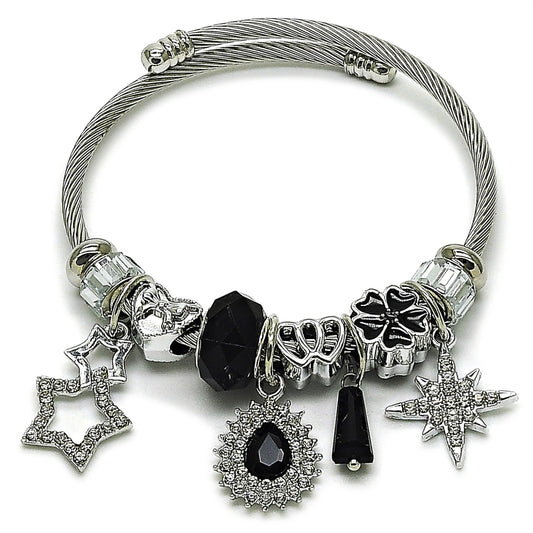 Stainless Steel Individual Bangle, Teardrop and Star Design, with Crystal and Jet Crystal, Black Enamel Finish, Steel Finish