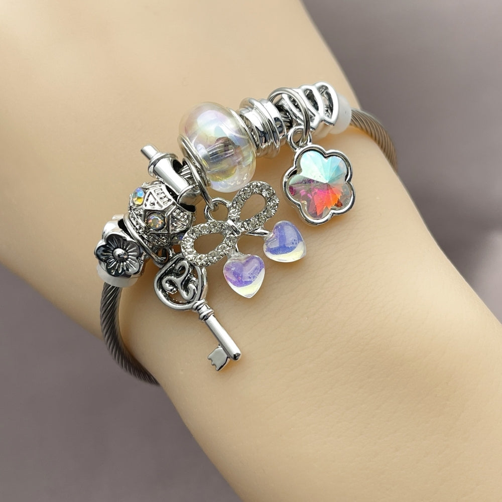 Stainless Steel Individual Bangle, Cherry and Bow Design, with Aurore Boreale and Crystal Crystal, Polished, Steel Finish