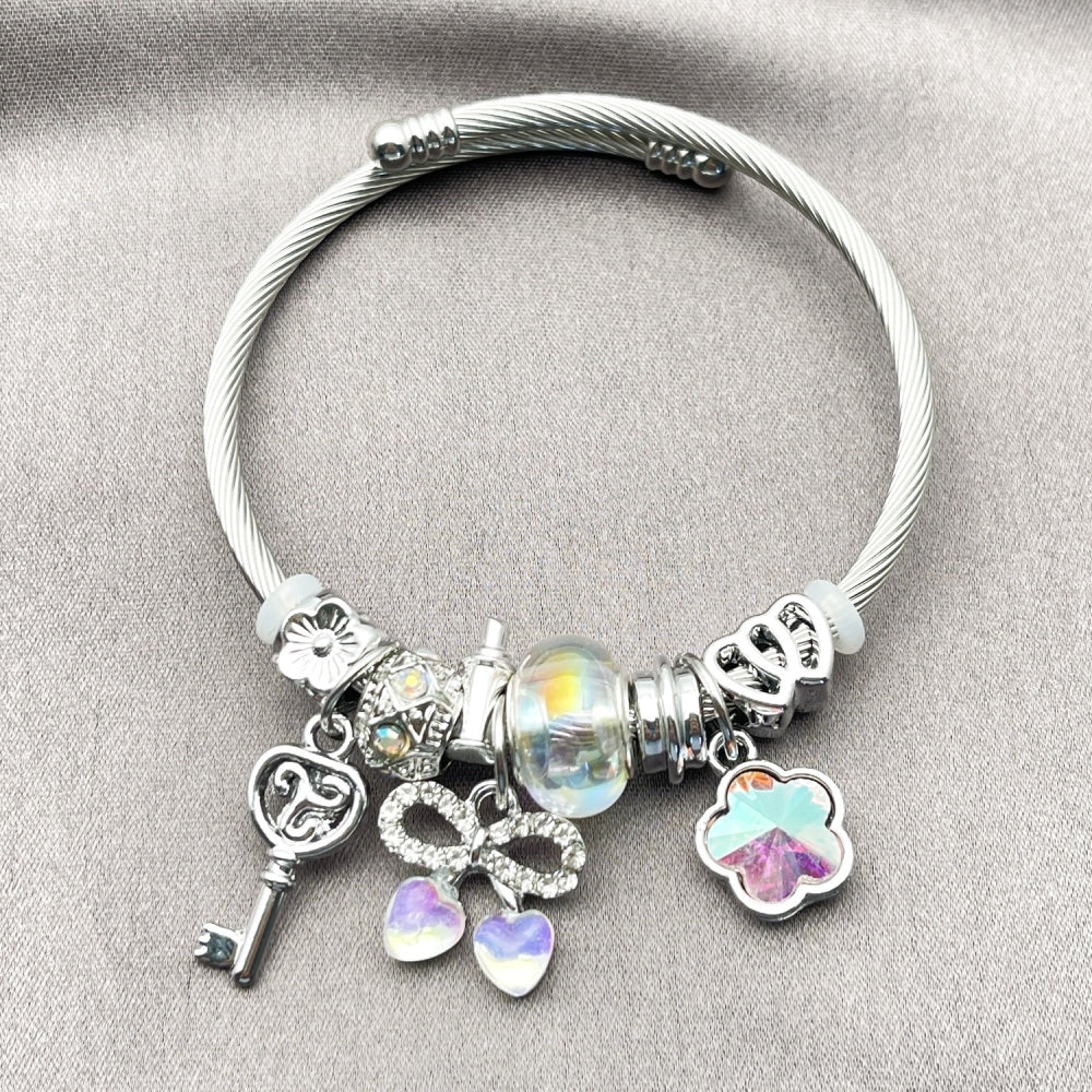 Stainless Steel Individual Bangle, Cherry and Bow Design, with Aurore Boreale and Crystal Crystal, Polished, Steel Finish