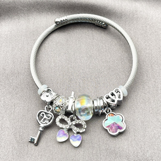 Stainless Steel Individual Bangle, Cherry and Bow Design, with Aurore Boreale and Crystal Crystal, Polished, Steel Finish