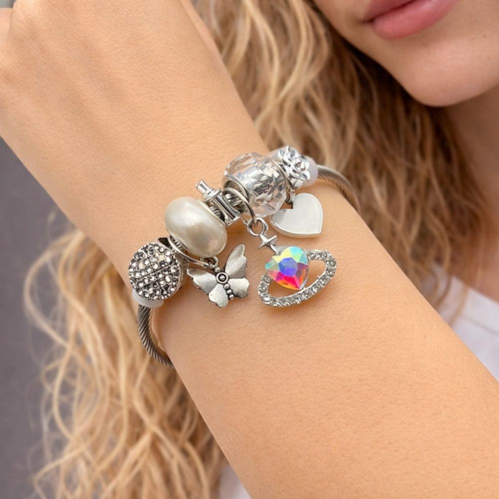 Stainless Steel Individual Bangle, Heart and Butterfly Design, with Aurore Boreale and Crystal Crystal, White Enamel Finish, Steel Finish