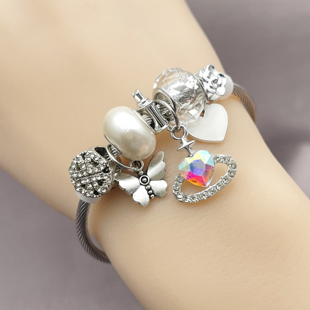 Stainless Steel Individual Bangle, Heart and Butterfly Design, with Aurore Boreale and Crystal Crystal, White Enamel Finish, Steel Finish
