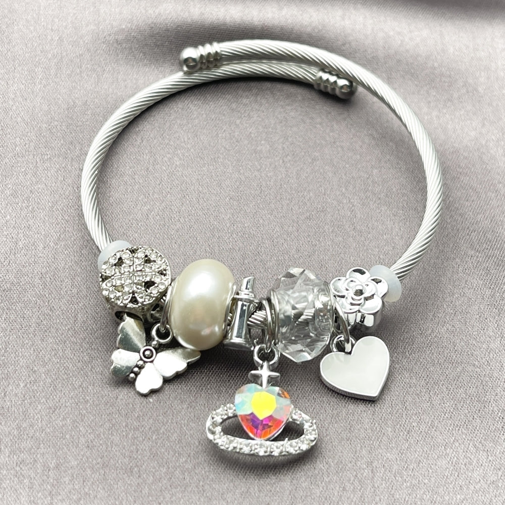Stainless Steel Individual Bangle, Heart and Butterfly Design, with Aurore Boreale and Crystal Crystal, White Enamel Finish, Steel Finish