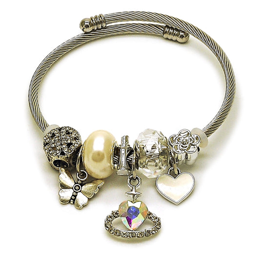 Stainless Steel Individual Bangle, Heart and Butterfly Design, with Aurore Boreale and Crystal Crystal, White Enamel Finish, Steel Finish