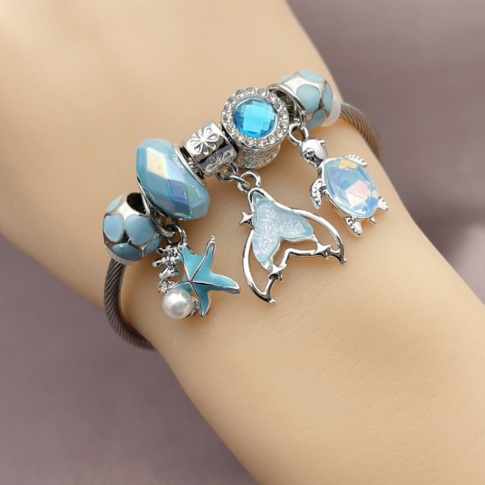 Stainless Steel Individual Bangle, Butterfly and Turtle Design, with Light Turquoise and Blue Zircon Crystal, Turquoise Enamel Finish, Steel Finish