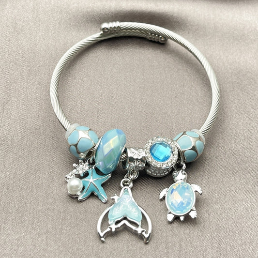 Stainless Steel Individual Bangle, Butterfly and Turtle Design, with Light Turquoise and Blue Zircon Crystal, Turquoise Enamel Finish, Steel Finish