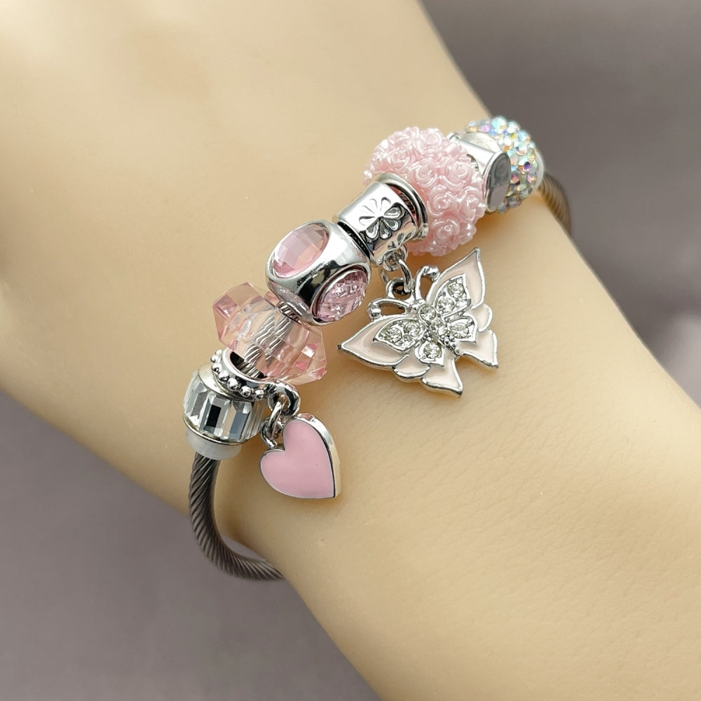 Stainless Steel Individual Bangle, Butterfly and Heart Design, with Light Rose and Crystal Crystal, Pink Enamel Finish, Steel Finish