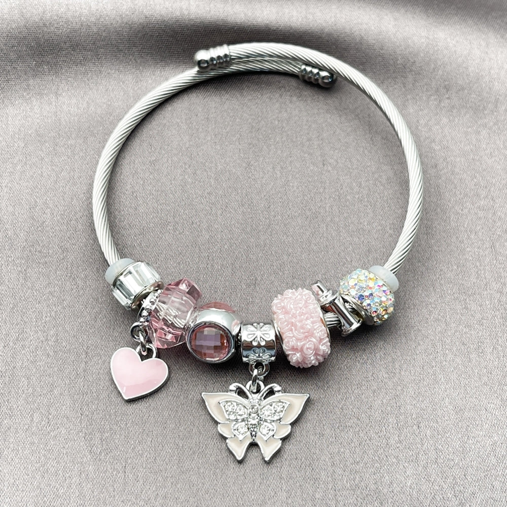 Stainless Steel Individual Bangle, Butterfly and Heart Design, with Light Rose and Crystal Crystal, Pink Enamel Finish, Steel Finish