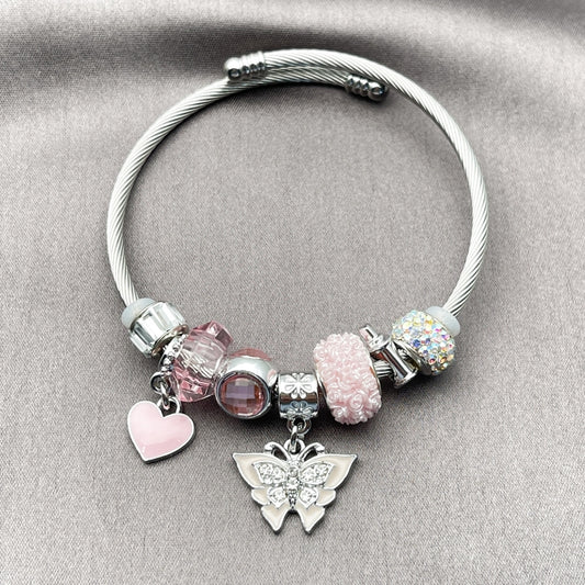 Stainless Steel Individual Bangle, Butterfly and Heart Design, with Light Rose and Crystal Crystal, Pink Enamel Finish, Steel Finish