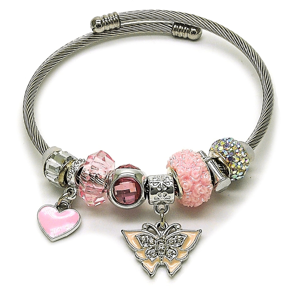 Stainless Steel Individual Bangle, Butterfly and Heart Design, with Light Rose and Crystal Crystal, Pink Enamel Finish, Steel Finish