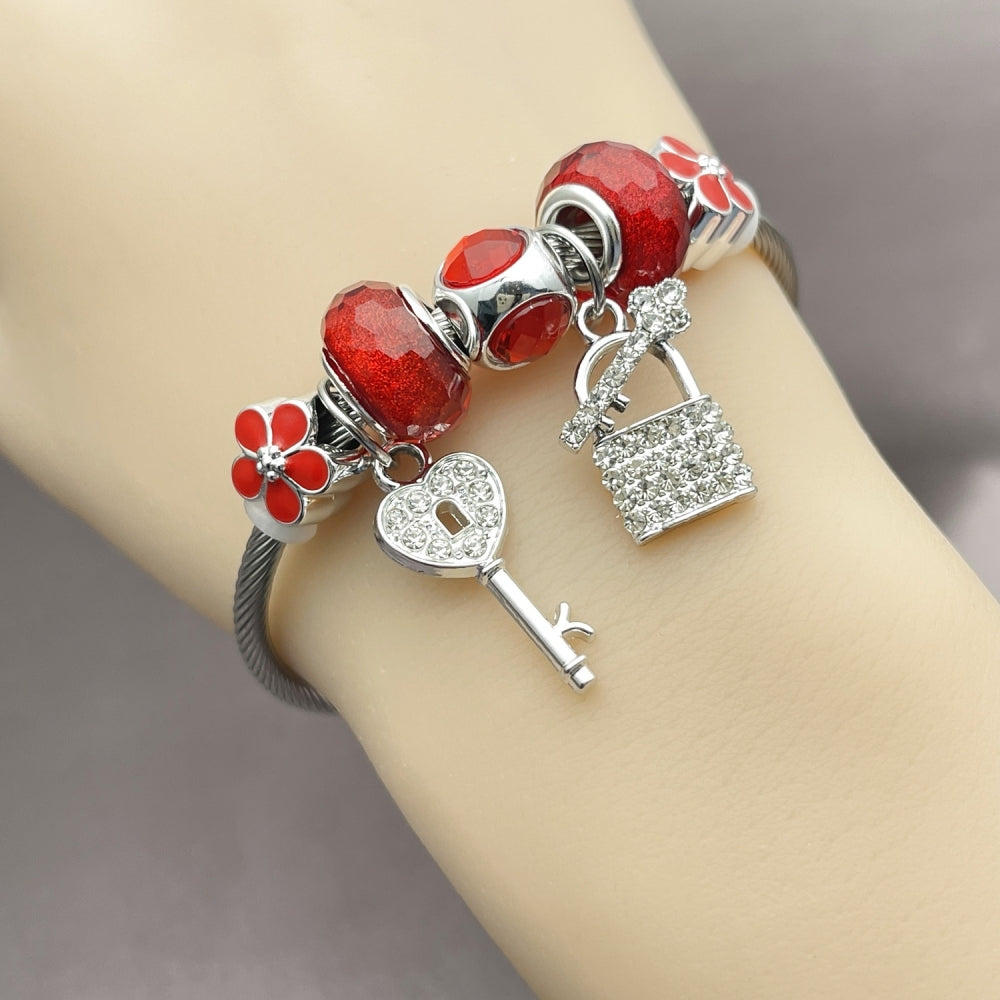 Stainless Steel Individual Bangle, key and Lock Design, with Siam and Crystal Crystal, Red Enamel Finish, Steel Finish